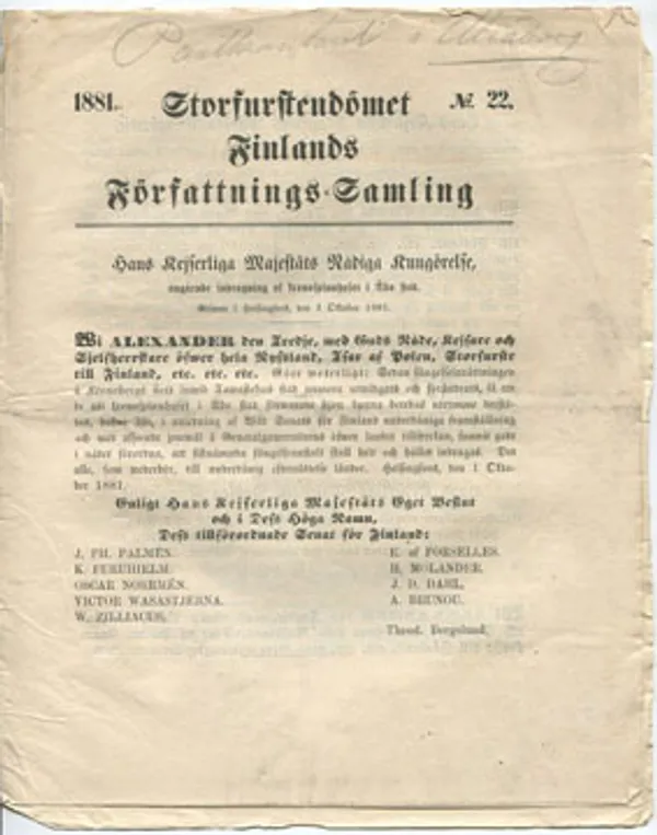 1881/22 Storfurstendömet Finlands Författnings-Samling, Angående indragning af kronospinnhuset i Åbo stad | Divari Kangas | Osta Antikvaarista - Kirjakauppa verkossa