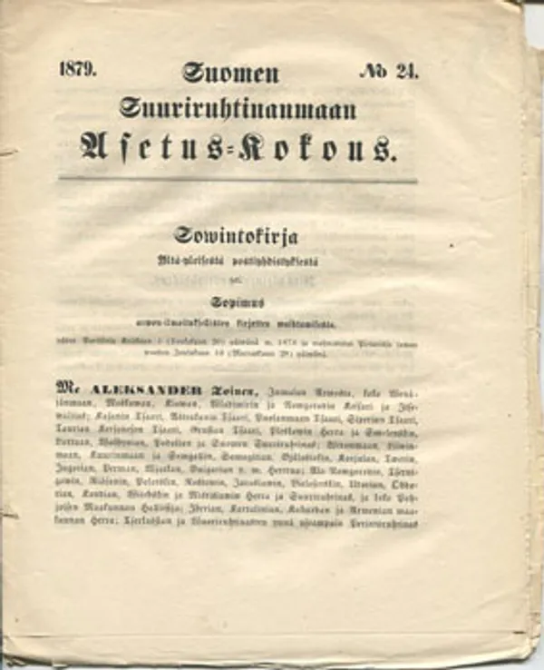 1879/24 Suomen Ruhtinaanmaan Asetus-kokous, mm. Sovintokirja Yltä-yleisestä postiyhdistyksestä käsittäen koko maailman | Divari Kangas | Osta Antikvaarista - Kirjakauppa verkossa