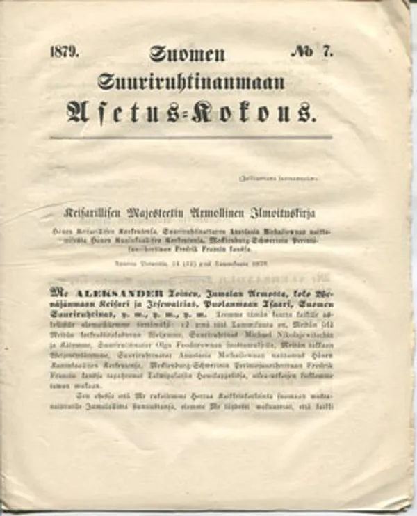 1879/ 7 Suomen Ruhtinaanmaan Asetus-kokous, mm. Viipurin merenkulku-koulun laajentamisesta | Divari Kangas | Osta Antikvaarista - Kirjakauppa verkossa