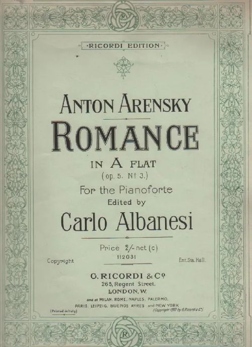 Romance in A Flat Op. 5 No3 for Pianoforte - Arentsky Anton | Nettinuotti | Osta Antikvaarista - Kirjakauppa verkossa