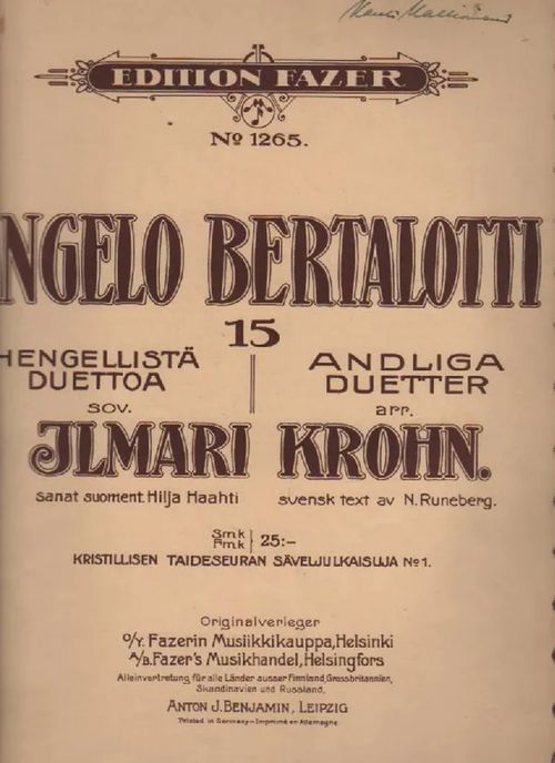 15 Hengellistä duettoa - Bertalotti Angelo (Ilmari Krohn) | Nettinuotti | Osta Antikvaarista - Kirjakauppa verkossa