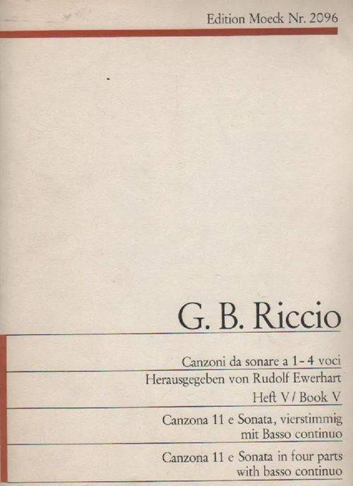 Canzona no.11 and Sonata (Canzoni da sonare a 1 - 4 voci, Volume 5) score & parts - Riccio G.P. | Nettinuotti | Osta Antikvaarista - Kirjakauppa verkossa