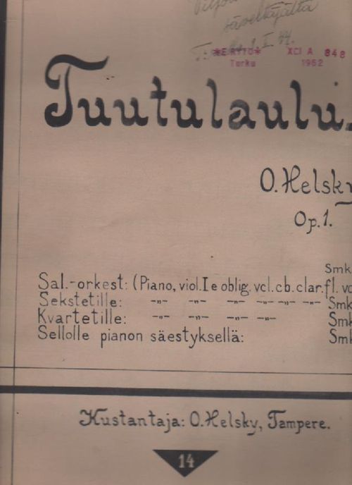 Tuutulaulu Op. 1 Kvartetille - Helsky Olavi (sign.) | Nettinuotti | Osta Antikvaarista - Kirjakauppa verkossa