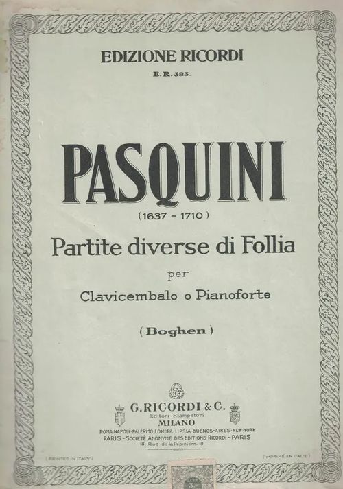 Partite deverse di Follia per Clavicembalo o Pianoforte - Pasquini Bernando | Nettinuotti | Osta Antikvaarista - Kirjakauppa verkossa