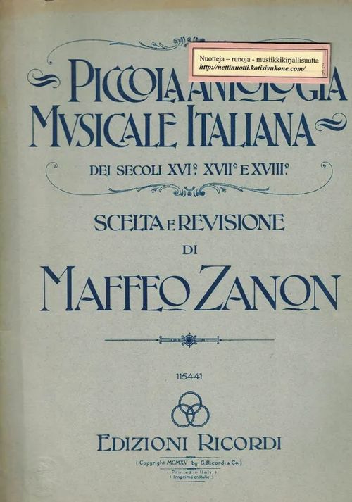 Piccolo Antologia Musicale Italiana dei secoli XVI, XVII e XVIII - Zanon Maffeo | Nettinuotti | Osta Antikvaarista - Kirjakauppa verkossa