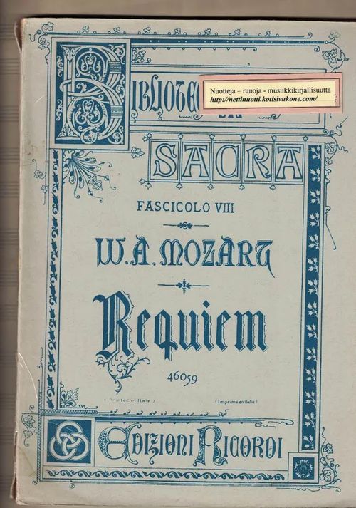 Requiem a quattro voci per pianoforte od organo ad libitum - Biblioteca Musicale Sacra - Mozart W.A. | Nettinuotti | Osta Antikvaarista - Kirjakauppa verkossa