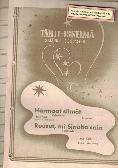 Tähti-iskelmä: Harmaat silmät, valssilaulu - Ruusut, mi sulta sain, valssilaulu - Kärki Toivo (Usko Kemppi) | Nettinuotti | Osta Antikvaarista - Kirjakauppa verkossa