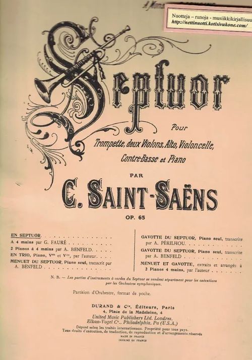 Septour pour Trompette, deux Violons, Alto, Violoncelle, Contre-Basse et Piano (partitur) - Saint-Saëns Camille | Nettinuotti | Osta Antikvaarista - Kirjakauppa verkossa