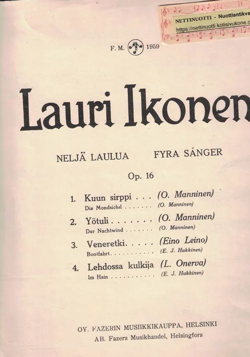 Veneretki - Bootfahrt, Op. 16 No3 - Ikonen Lauri (Eino Leino) | Nettinuotti | Osta Antikvaarista - Kirjakauppa verkossa