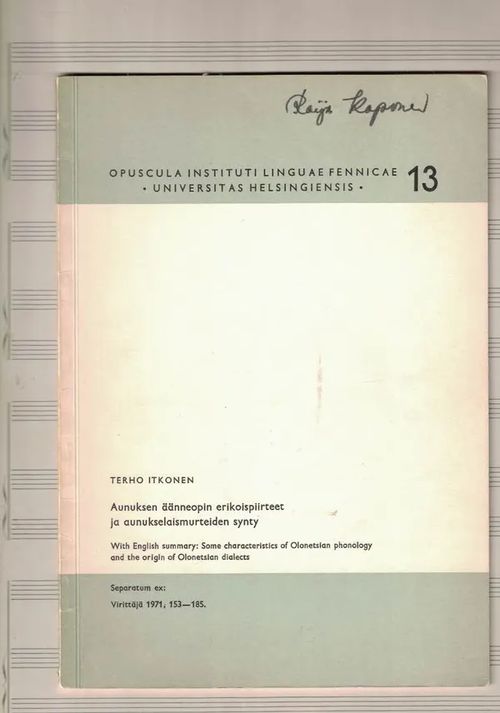 Aunuksen äänneopin erikoispiirteet - Itkonen Terho | Nettinuotti | Osta Antikvaarista - Kirjakauppa verkossa