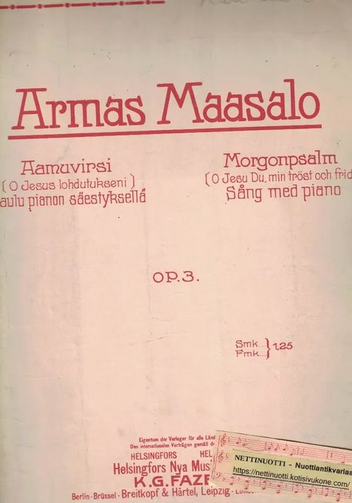 Aamuvirsi (O Jesus lohdutukseni) Laulu pianon tai urkujen säestyksellä - Maasalo Armas | Nettinuotti | Osta Antikvaarista - Kirjakauppa verkossa