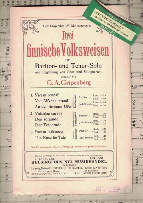 Drei finnische Volksweisen für Bariton-Solo mit Begleitung von Chor und Soloquartett: 2. Vainajaa sureva - Gripenberg G.A. | Nettinuotti | Osta Antikvaarista - Kirjakauppa verkossa