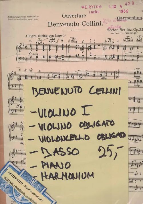Benvenuto Cellini, Ouverture, Op. 23 (Viulu, sello, kontrabasso, piano) - Berlioz Hector | Nettinuotti | Osta Antikvaarista - Kirjakauppa verkossa
