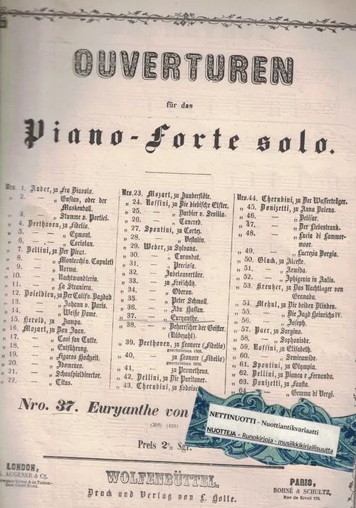 Ouverturen für das Piano-Forte Solo : Euryanthe - Weber Carl Maria von | Nettinuotti | Osta Antikvaarista - Kirjakauppa verkossa