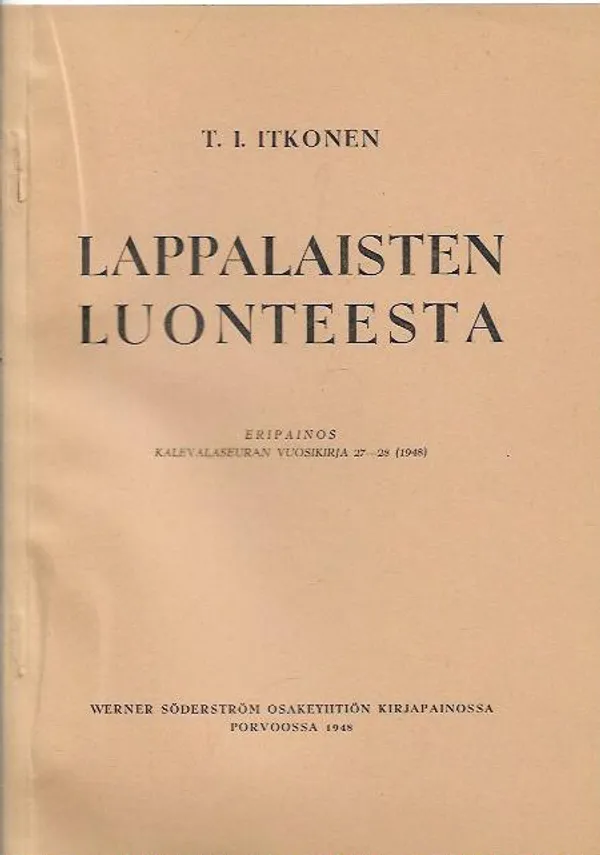 Lappalaisten luonteesta - T. I. Itkonen | Kirjavehka | Osta Antikvaarista - Kirjakauppa verkossa