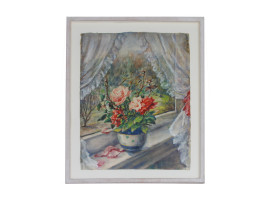 A MIDCENTURY FLOWER POT PAINTING SIGNED