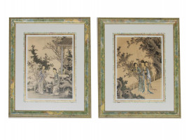 PAIR OF ANTIQUE CHINESE LITHOGRAPHS GEISHA FRAMED