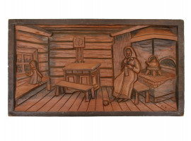 A RUSSIAN HAND CARVED WOODEN PLAQUE SIGNED