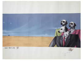 MIXED MEDIA AMERICAN ARTWORK DOGS IN SUITS SIGNED