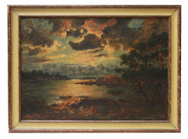 A VINTAGE SIGNED OIL PAINTING OF A LAKESIDE HOUSE