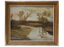 AN OIL PAINTING OF A RIVER AND WOODS EARLY 20TH C