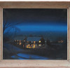 A FRED DREANY OIL PAINTING OF A CITY AT NIGHT PIC-0