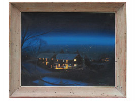 A FRED DREANY OIL PAINTING OF A CITY AT NIGHT
