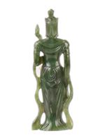 CHINESE BUDDHIST CARVED GREEN JADE FEMALE FIGURINE