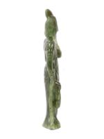 CHINESE BUDDHIST CARVED GREEN JADE FEMALE FIGURINE