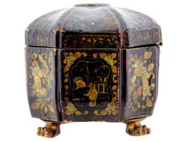 ANTIQUE 19TH CENTURY CHINESE EXPORT PAINTED LEATHER BOX