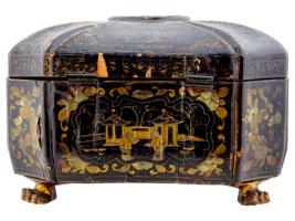 ANTIQUE 19TH CENTURY CHINESE EXPORT PAINTED LEATHER BOX