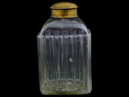 ANTIQUE RIBBED DESIGN GLASS TEA CADDY WITH BRASS LID