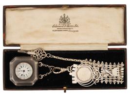RUSSIAN SILVER FOB DIAMOND WATCH AND CHATELAINE SET