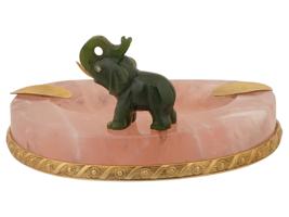 RUSSIAN SILVER PINK QUARTZ ASHTRAY W JADE ELEPHANT