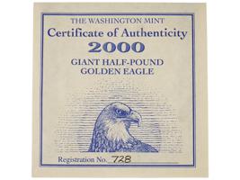 AMERICAN GIANT GOLDEN EAGLE COIN WASHINGTON MINT COA