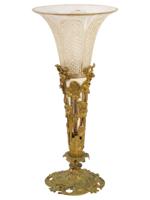 ANTIQUE FRENCH ART NOUVEAU BRASS AND GLASS TRUMPET VASE