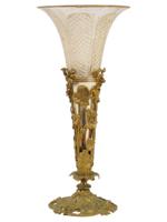 ANTIQUE FRENCH ART NOUVEAU BRASS AND GLASS TRUMPET VASE
