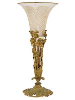 ANTIQUE FRENCH ART NOUVEAU BRASS AND GLASS TRUMPET VASE
