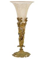 ANTIQUE FRENCH ART NOUVEAU BRASS AND GLASS TRUMPET VASE