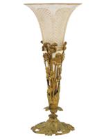 ANTIQUE FRENCH ART NOUVEAU BRASS AND GLASS TRUMPET VASE