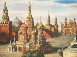 KONSTANTIN YUON RUSSIAN RED SQUARE MIXED MEDIA PAINTING