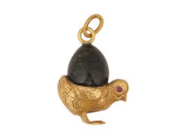 RUSSIAN SILVER JADE CHICK EGG PENDANT W RUBY EYES