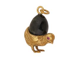 RUSSIAN SILVER JADE CHICK EGG PENDANT W RUBY EYES