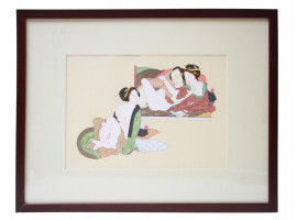 AN ANTIQUE JAPANESE WATERCOLOR SHUNGA PAINTING