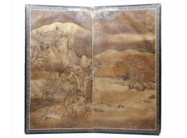 AN ANTIQUE JAPANESE TWO PANEL SCREEN MEIJI PERIOD