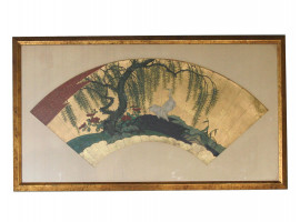 EARLY 20TH CENTURY JAPANESE FAN PAINTING CRANES