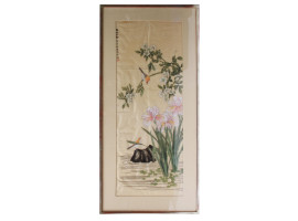 A VINTAGE CHINESE WATERCOLOR OF FLOWERS AND BIRDS