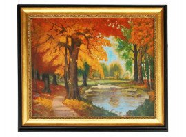 AN OIL ON CANVAS PAINTING WITH AUTUMN LANDSCAPE