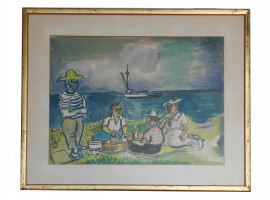 A RUSSIAN WATERCOLOR PAINTING PICNIC BY D BURLIUK