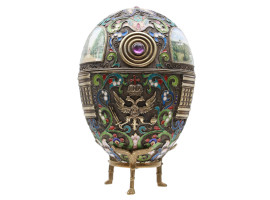 A LARGE XL RUSSIAN SILVER & ENAMEL EGG WITH STAND
